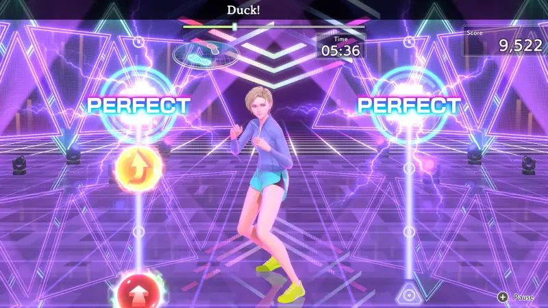 A player engages in Fitness Boxing 3: Your Personal Trainer, showcasing dynamic movements on a vibrant dance floor with glowing indicators for scoring.