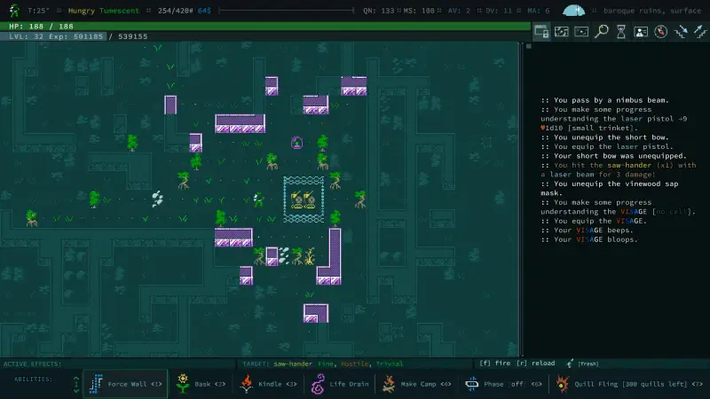 A gameplay scene from the video game Caves of Qud, featuring a vibrant, grid-based environment with various characters navigating a dungeon filled with structures and obstacles.