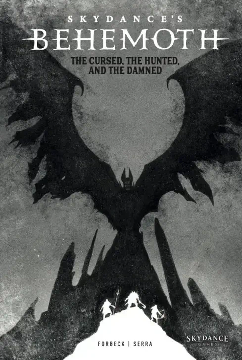 Cover of Skydance's BEHEMOTH, featuring a dark silhouette of a giant creature with the tagline The Cursed, The Hunted, and The Damned above a group of small figures.