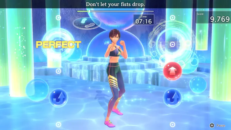A character demonstrates boxing moves in Fitness Boxing 3: Your Personal Trainer, with an emphasis on maintaining form and achieving a PERFECT score during the workout.