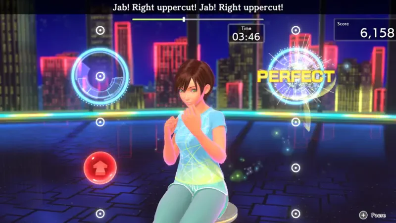 A player engages in Fitness Boxing 3: Your Personal Trainer, executing punches while seated, with on-screen prompts and scores displaying performance metrics and timing.