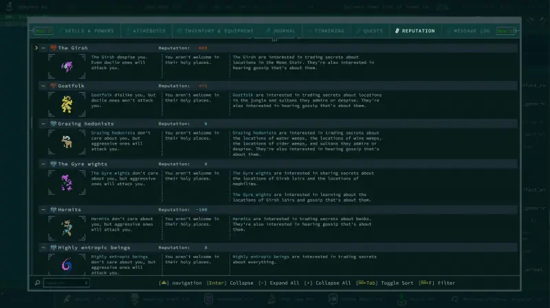 A user interface from the video game Caves of Qud, featuring various entries with descriptions and stats for different creatures or items within the game.