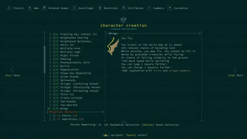 Screenshot of the character creation menu from the video game Caves of Qud, showcasing various character attributes and customization options.