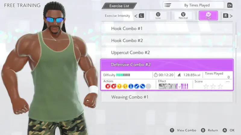 A character from Fitness Boxing 3: Your Personal Trainer stands confidently, showcasing a variety of exercise combos in the free training mode. Stats and difficulty levels are displayed on the screen.