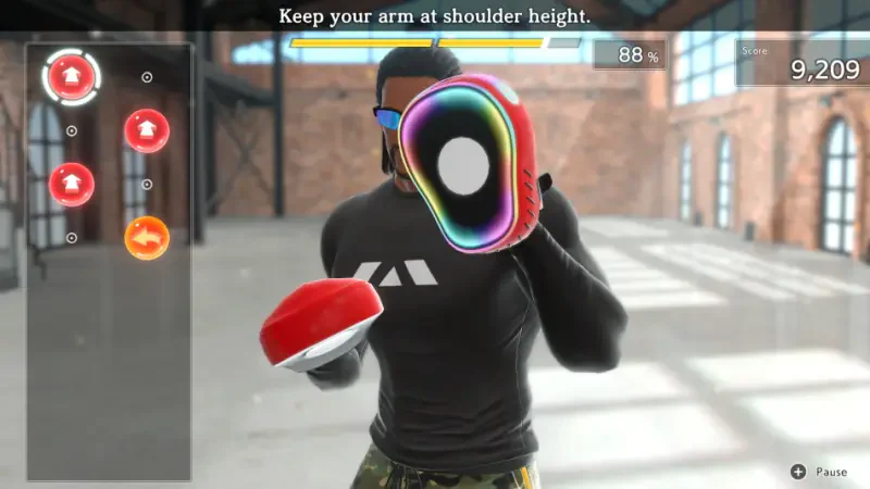 A player engages with the Fitness Boxing 3: Your Personal Trainer game, holding a controller while following workout instructions in a bright, spacious training environment.