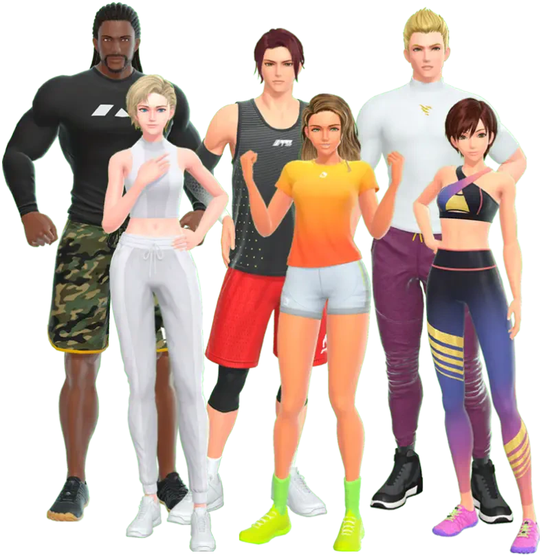 A group of six diverse characters from the video game Fitness Boxing 3: Your Personal Trainer, showcasing various fitness outfits and poses ready for a workout.