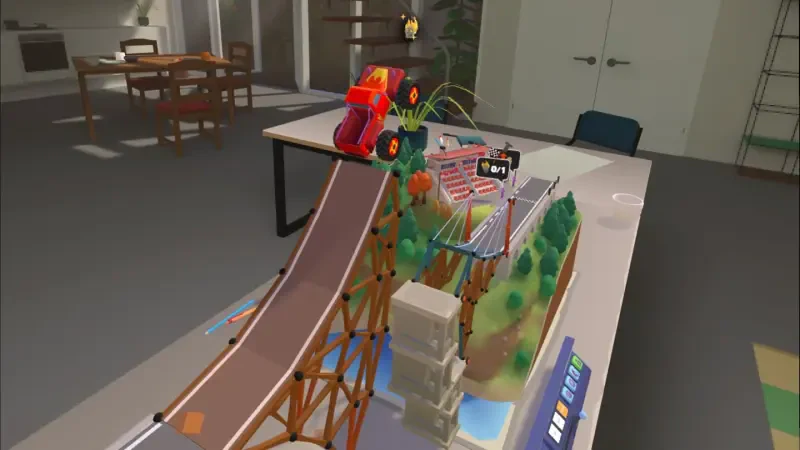 A colorful truck navigates a creative bridge in Bridge Constructor Studio, set in a vibrant tabletop environment with a backdrop of trees and structures.