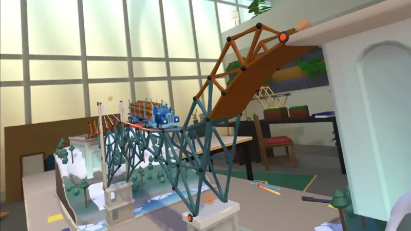 A colorful scene from Bridge Constructor Studio, showcasing a detailed model bridge under construction, set in a bright indoor environment with various design materials.