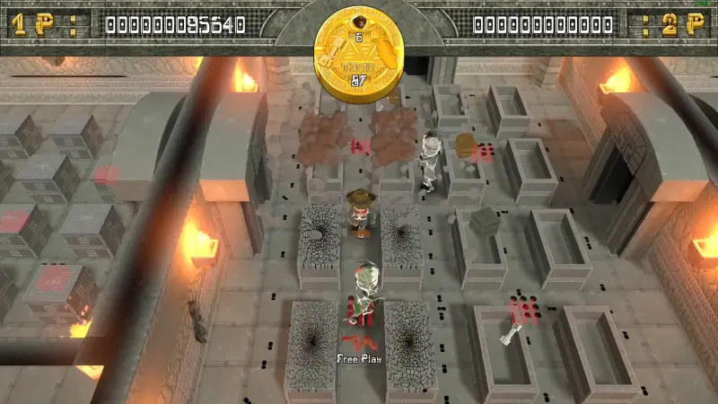 A top-down view of the video game Tomb Stalkers, featuring characters navigating a labyrinthine tomb filled with traps and enemies, with a countdown timer displayed prominently.