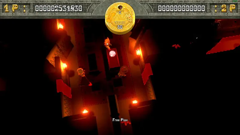 An overhead view of the video game Tomb Stalkers, showcasing a dark labyrinth with glowing torches and mysterious elements, emphasizing exploration and adventure.