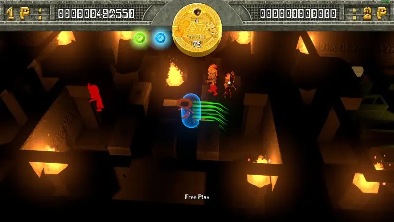 A gameplay scene from the video game Tomb Stalkers, featuring characters navigating a dimly lit maze with flames and a glowing coin, showcasing features like score and player status. 