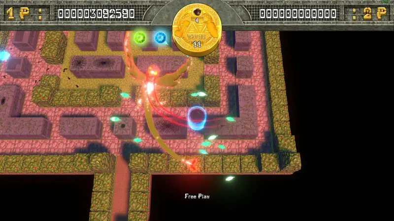 An overhead view of the game Tomb Stalkers, featuring colorful sprites navigating a maze, with a score display and a golden coin at the top. The scene is vibrant and action-packed.