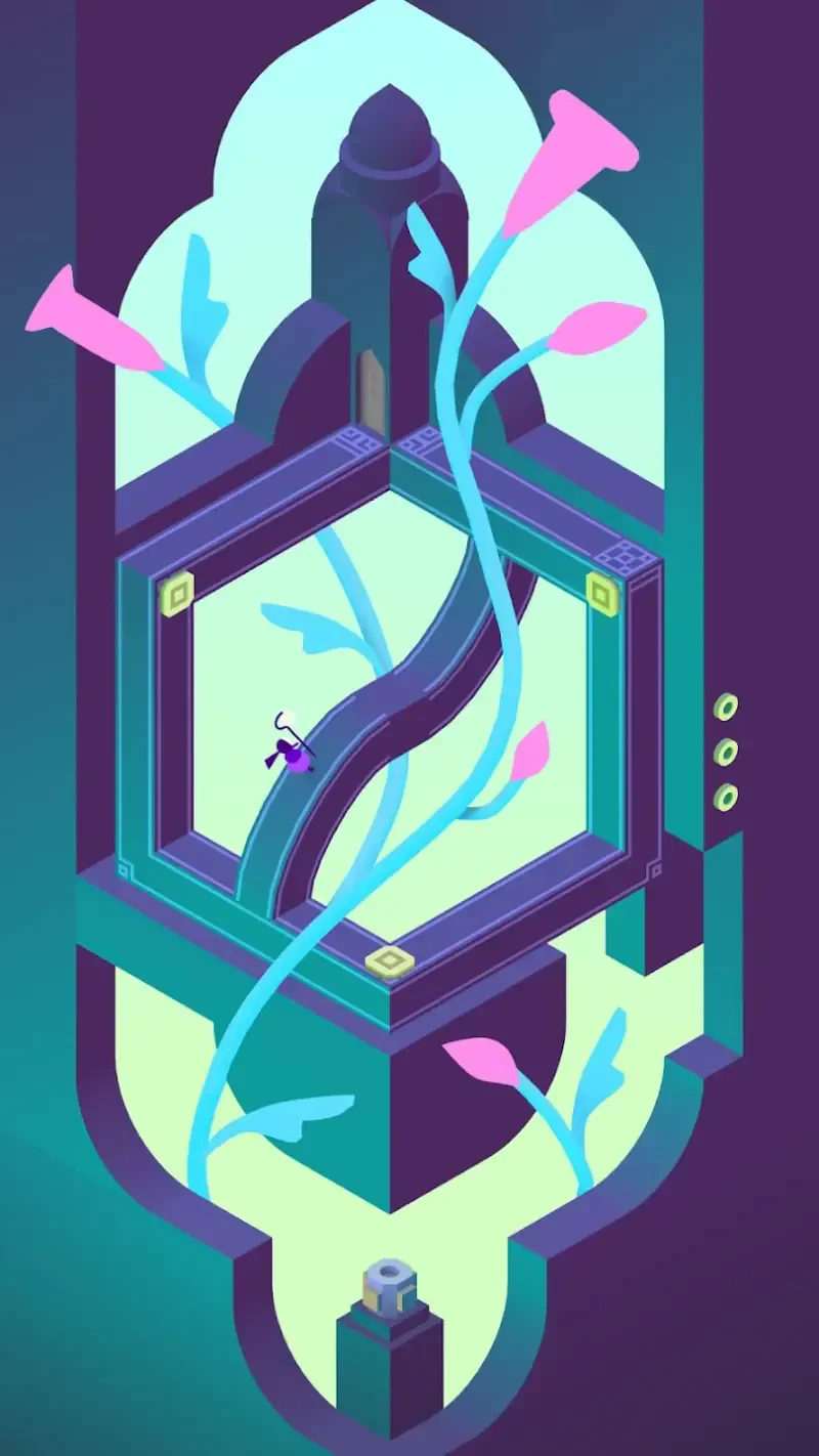 A whimsical scene from Monument Valley 3 showcasing an intricate, geometric structure intertwined with vibrant plants and flowers against a serene background.