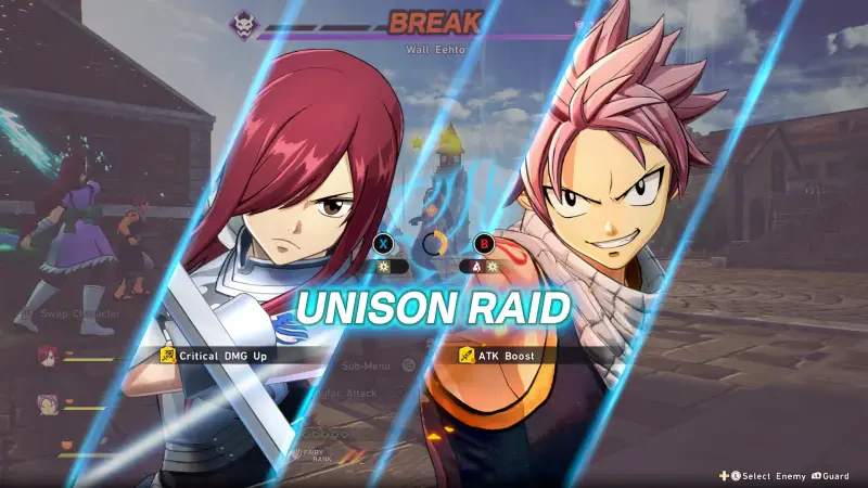 Two characters from the video game FAIRY TAIL 2 prepare for a battle in a fast-paced scene, showcasing their skills with a prominent UNISON RAID message in the center.