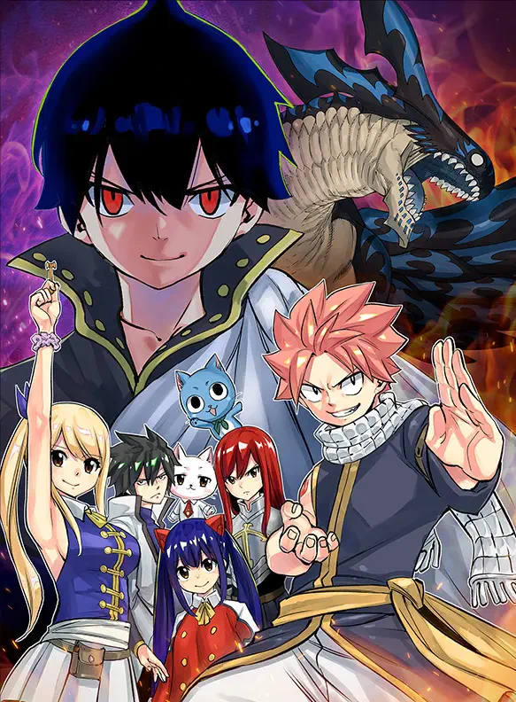 An illustration from the video game FAIRY TAIL 2, featuring characters like Natsu, Lucy, and others in a vibrant fantasy setting, showcasing their abilities and teamwork against a dark backdrop.