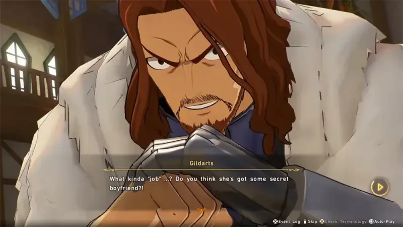 A character from the video game FAIRY TAIL 2 displays an intense expression while holding a weapon, engaged in conversation with an unseen character.