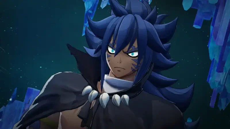 A character from the video game FAIRY TAIL 2, featuring a figure with striking blue hair and intense eyes, set against a backdrop of crystalline formations.