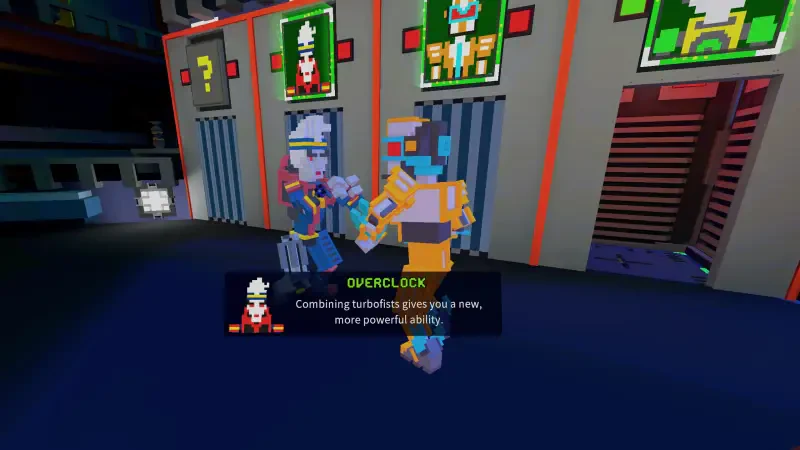 Two robotic characters from the video game Clone Drone in the Hyperdome are seen discussing abilities, with an interface displaying the ability Overclock in the background.