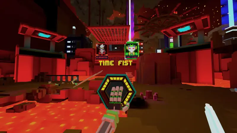 A vibrant scene from the video game Clone Drone in the Hyperdome, featuring a character wielding a futuristic weapon in a colorful, stylized arena with lava and neon lights.