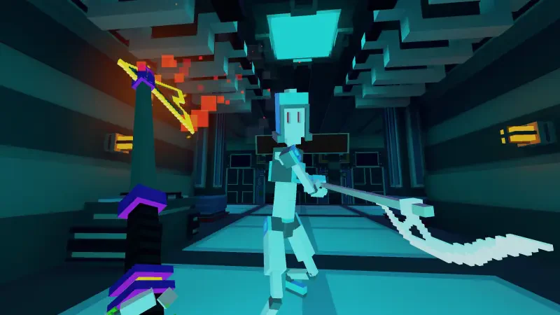 A character wielding a sword stands ready for battle in the futuristic arena of Clone Drone in the Hyperdome, showcasing a vibrant, blocky design and dynamic lighting.