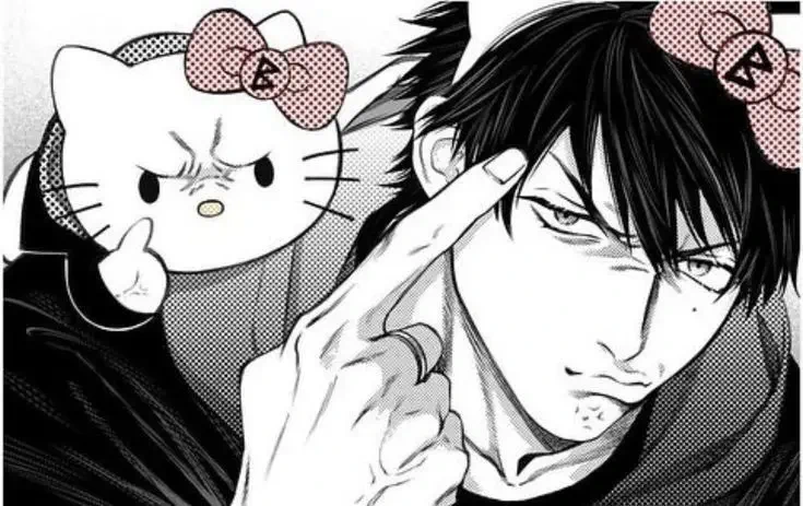 Black-and-white manga panel of Toji Fushiguro glaring and pointing at his temple, a grumpy Hello Kitty plush behind him.