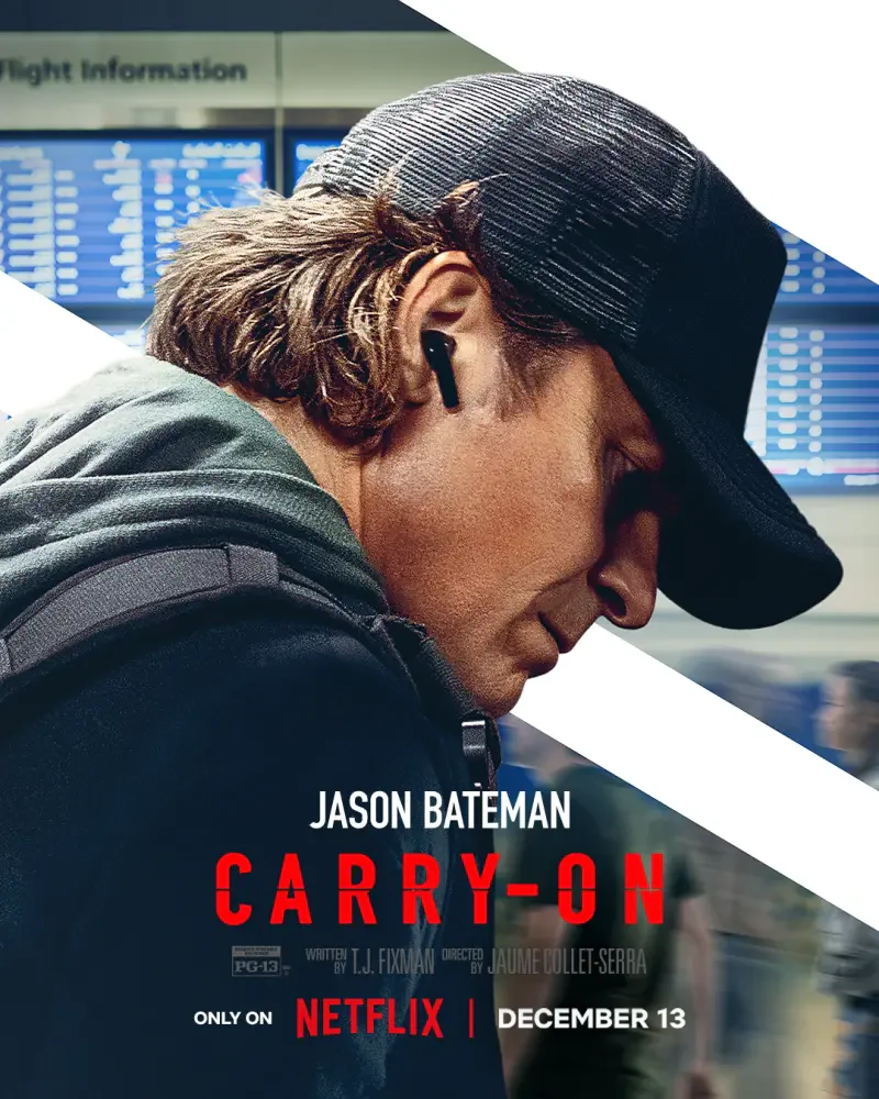Jason Bateman stars in Carry On (2024), showcasing a contemplative moment in an airport setting. Streaming on Netflix starting December 13.