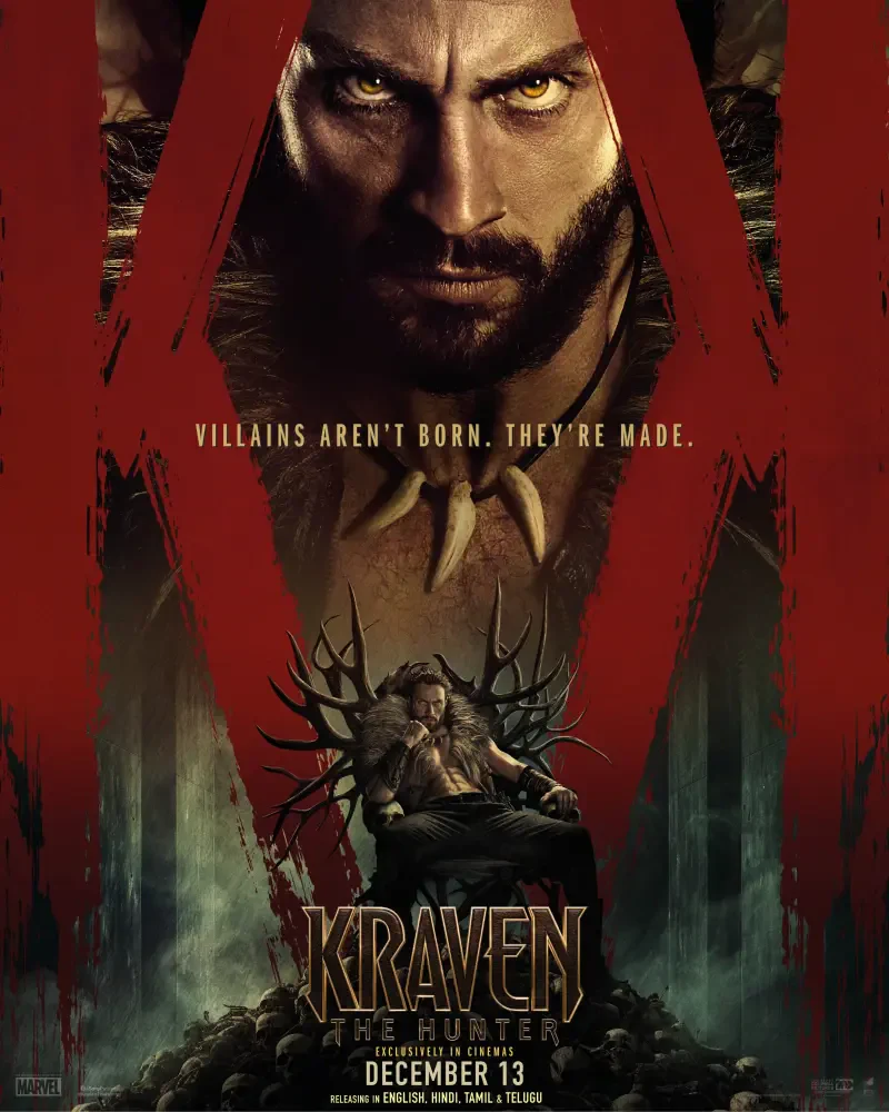 Movie poster for Kraven the Hunter (2024) featuring Aaron Taylor-Johnson, showcasing a dramatic image with the tagline: Villains aren't born. They're made. Release date: December 13.