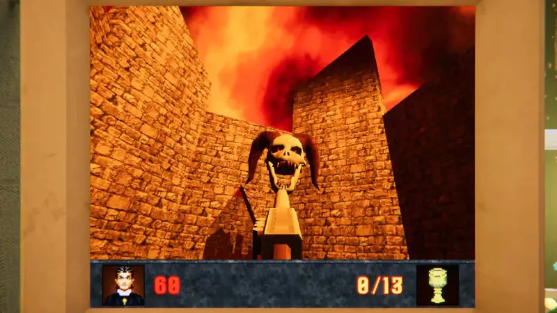 A scene from the video game Among Ashes, featuring a towering stone structure under a fiery sky, with a large skull adorned with horns at its center.