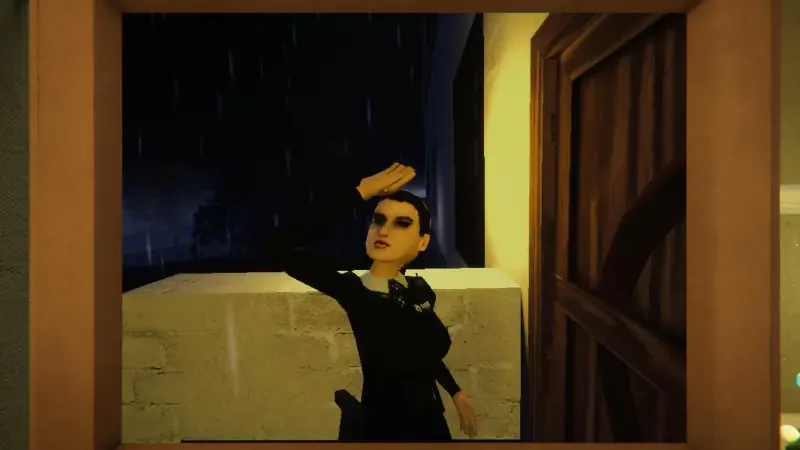 A character from the video game Among Ashes stands at an open door, shielding her eyes from the rain as she peers into the night. The atmosphere is moody and suspenseful.