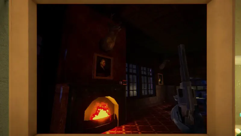 A dimly lit interior scene from the video game Among Ashes, featuring a fireplace with flames, dark walls adorned with portraits, and a sense of mystery.