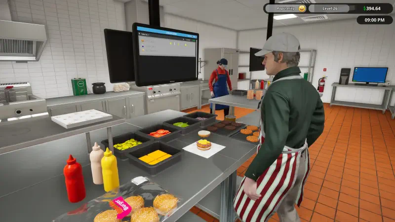 A scene from Fast Food Simulator featuring a character in an apron preparing burgers at a kitchen counter, surrounded by various toppings and condiments, with another worker in the background.