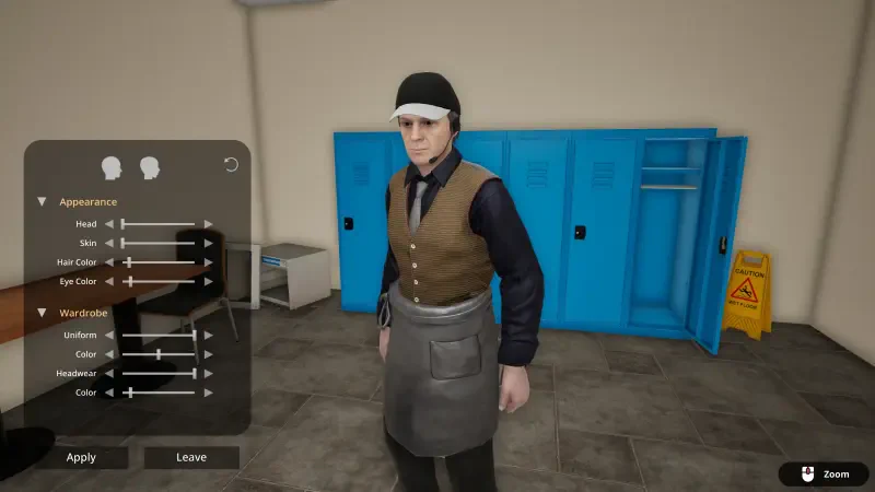 A character stands in a fast food simulator, dressed in a uniform with a customizable interface to adjust appearance settings. Blue lockers and a caution sign are visible in the background.