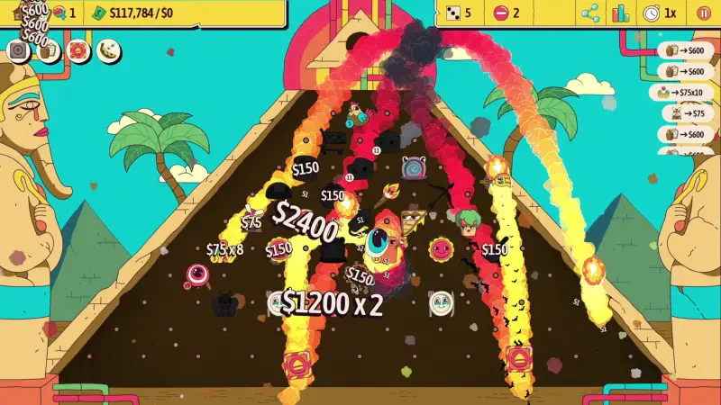 A vibrant scene from the video game Ballionaire, featuring colorful explosions and game elements like money icons against a backdrop of palm trees and a pyramid.
