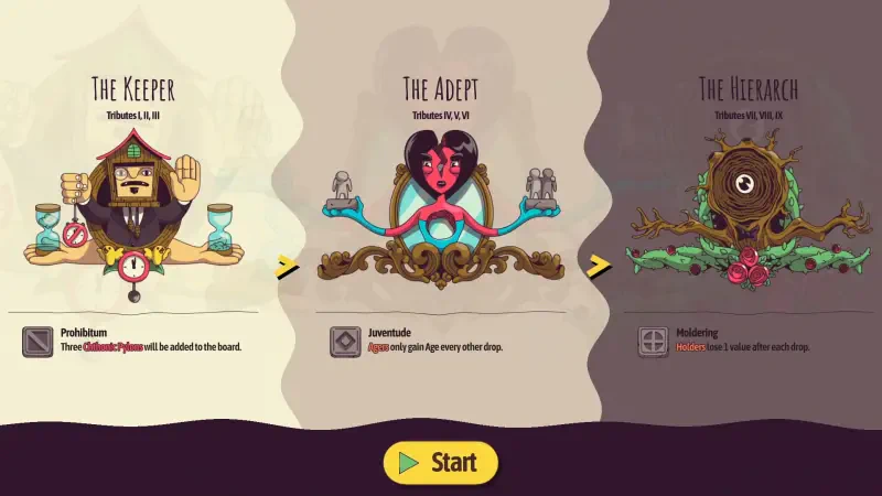 Three character options from the video game Ballionaire: The Keeper, The Adept, and The Illusionist, each with unique attributes displayed on a stylized interface.