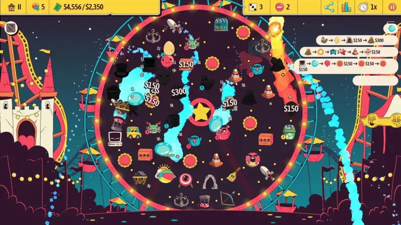 A vibrant scene from the video game Ballionaire, featuring colorful icons and characters set against a whimsical backdrop, showcasing the game's dynamic and engaging gameplay.