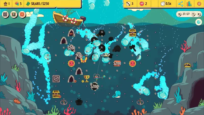 An underwater scene from the video game Ballionaire, featuring a colorful ocean backdrop with bubbles, treasures, and various aquatic elements surrounding a boat.