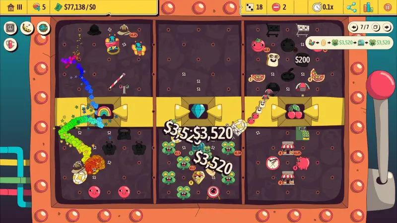 A colorful gameplay screenshot from the video game Ballionaire, featuring multiple gameplay sections filled with items and monetary rewards, showcasing vibrant graphics and engaging mechanics.