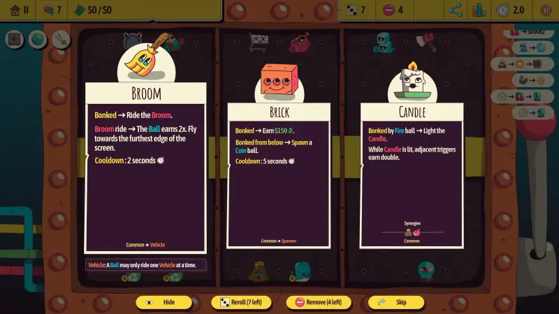 Game interface from Ballionaire, showcasing items: Broom, Rock, and Candle. Each item has unique descriptions and abilities, reflecting gameplay elements.