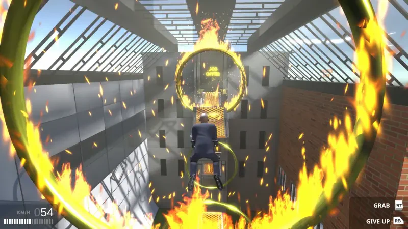 A character navigates through fiery hoops in a dynamic environment from the video game Get To Work, showcasing an intense obstacle course challenge.