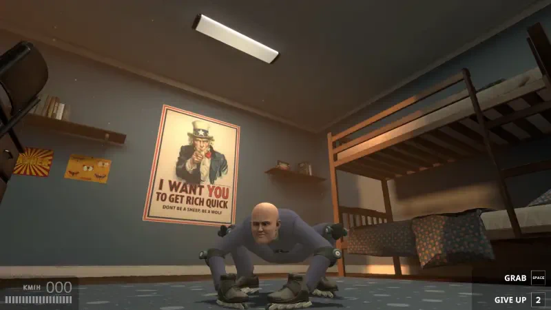 A character crouches in a messy room, preparing to work, with a motivational poster reading I WANT YOU TO GET RICH QUICK on the wall, showcasing a scene from the video game Get To Work.