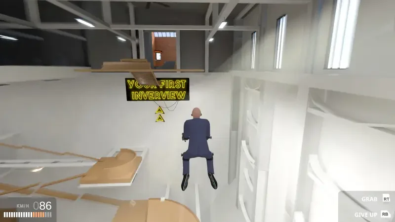 A character in a suit navigates a modern industrial space in the video game Get To Work, aiming for a sign that reads Your First Impression.
