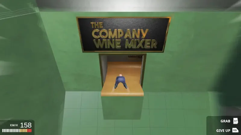 A scene from the video game Get To Work, featuring a sign that reads The Company Wine Mixer, set in a green environment with a character near a mixing station.