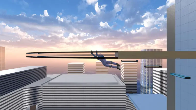 A character navigates high above a cityscape in a thrilling scene from the video game Get To Work, showcasing dynamic movement against a vibrant sky.