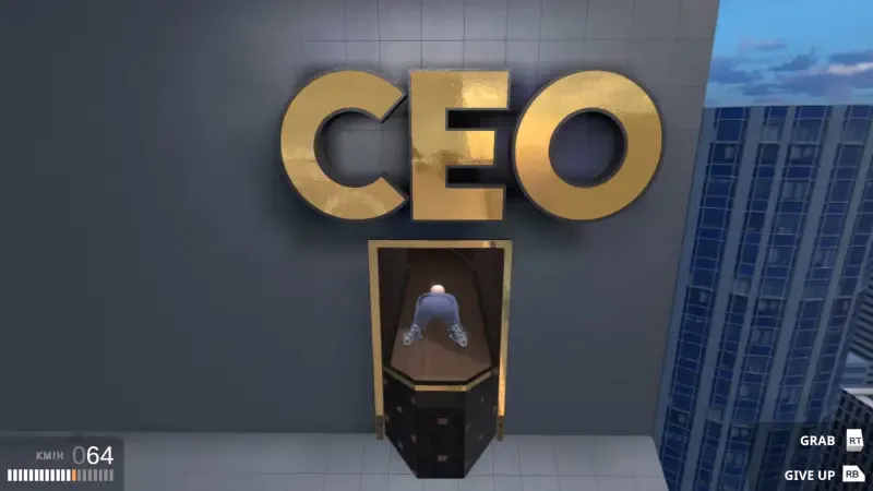 A character in a video game titled Get To Work is positioned in front of a large gold CEO sign on a building, ready to embark on a business-themed adventure.
