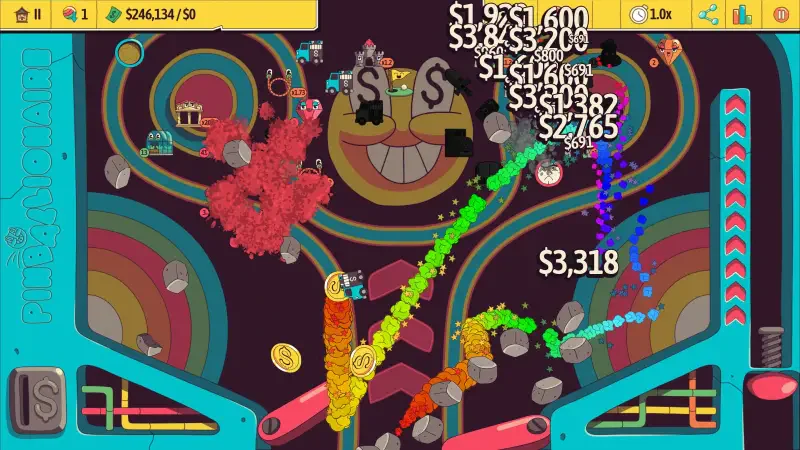 A vibrant scene from the video game Ballionaire, featuring colorful visual elements, dollar symbols, and an animated backdrop, highlighting a dynamic gameplay experience.
