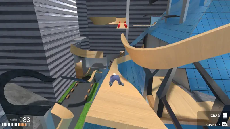 A vibrant scene from the video game Get To Work, showcasing a complex multi-level structure with winding paths and obstacles, inviting players to navigate through the environment.