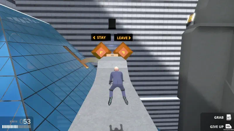 A character in a suit navigates a narrow ledge in the video game Get To Work, with options to stay or leave displayed above. Skyscrapers provide a backdrop to the challenging scene.