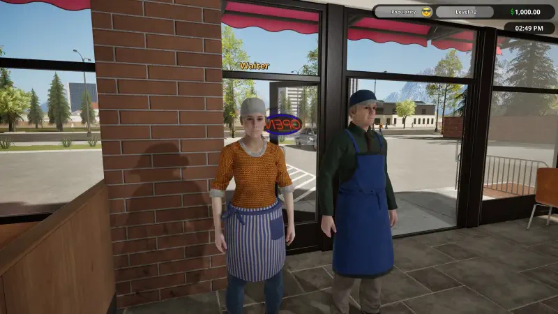 Two characters stand inside a fast food restaurant, wearing aprons and smiling. The setting is bright and inviting, showcasing a Fast Food Simulator experience.
