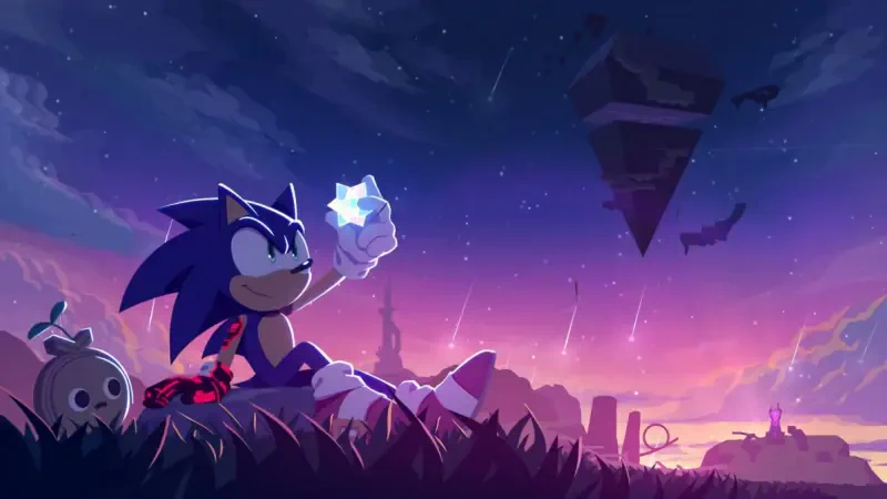 Sonic the Hedgehog sits on a grassy hill at sunset, holding a glowing star as a floating island and distant rings hover under a purple, starry sky.