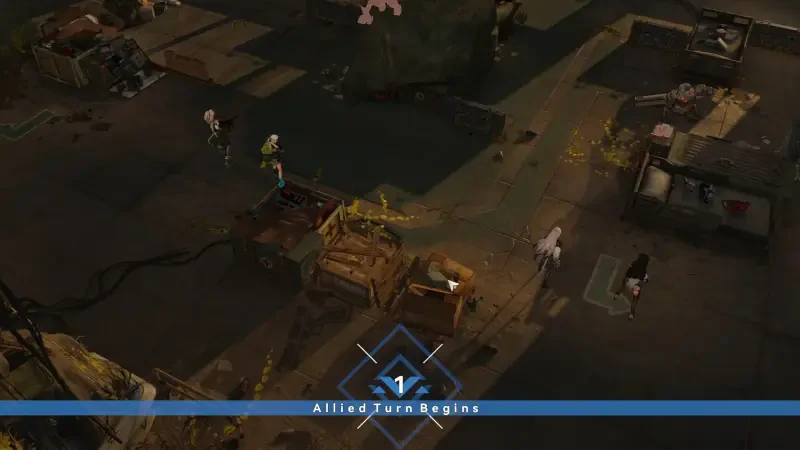 A gameplay scene from the video game Girls' Frontline 2: Exilium, featuring characters navigating a tactical environment filled with vehicles and debris. The action is set to begin.